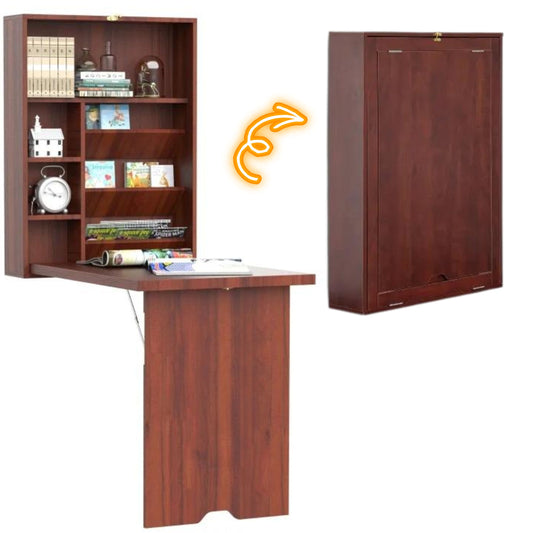 Wall Mounted Desk Convertible Fold Out Table W/Shelves, Brown