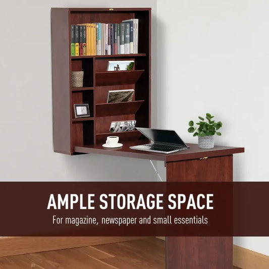 Wall Mounted Desk Convertible Fold Out Table W/Shelves, Brown