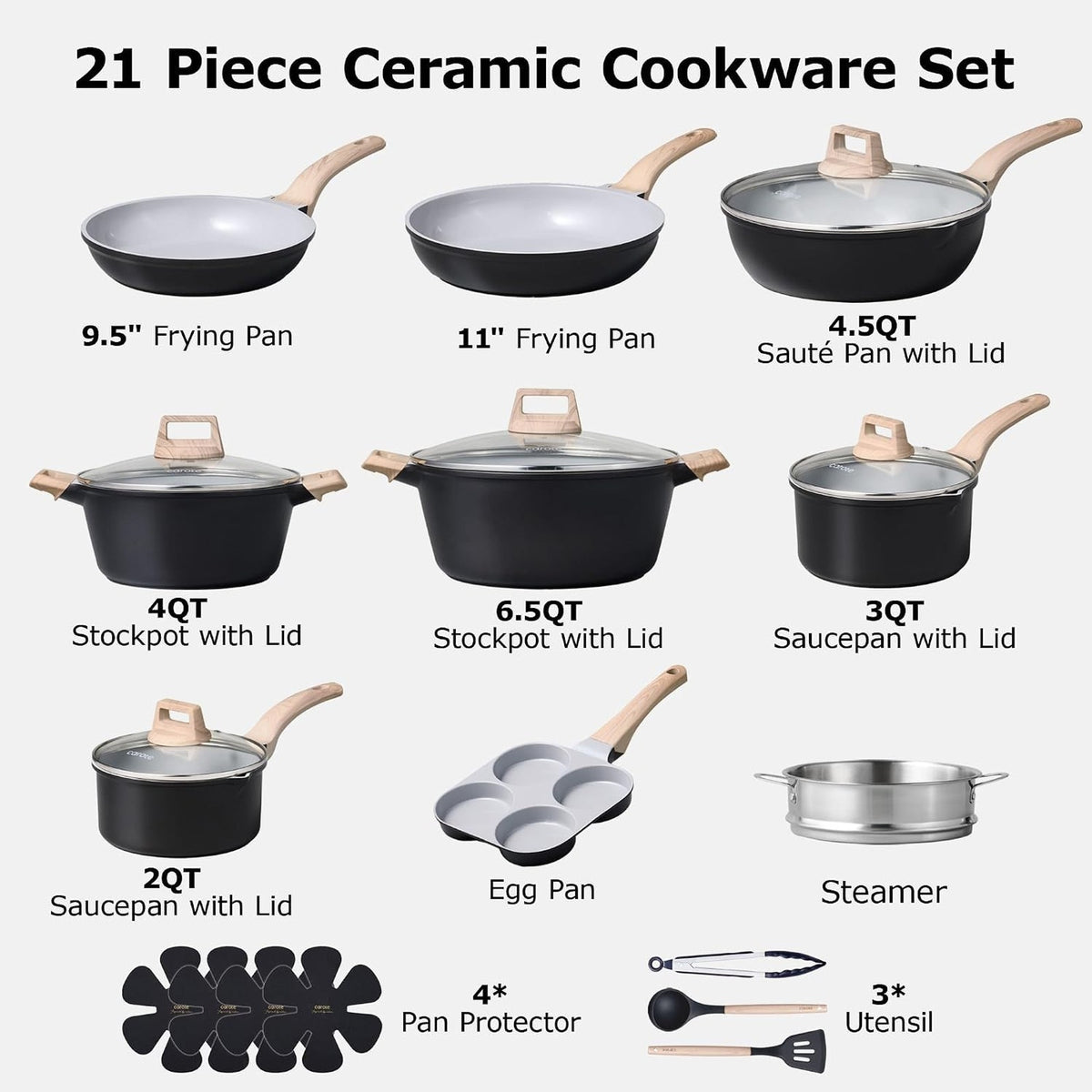 Cookware Set 21 Pcs Ceramic Nonstick Induction Pans Set, Black