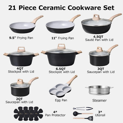 Cookware Set 21 Pcs Ceramic Nonstick Induction Pans Set, Black
