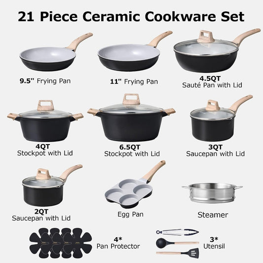Cookware Set 21 Pcs Ceramic Nonstick Induction Pans Set, Black