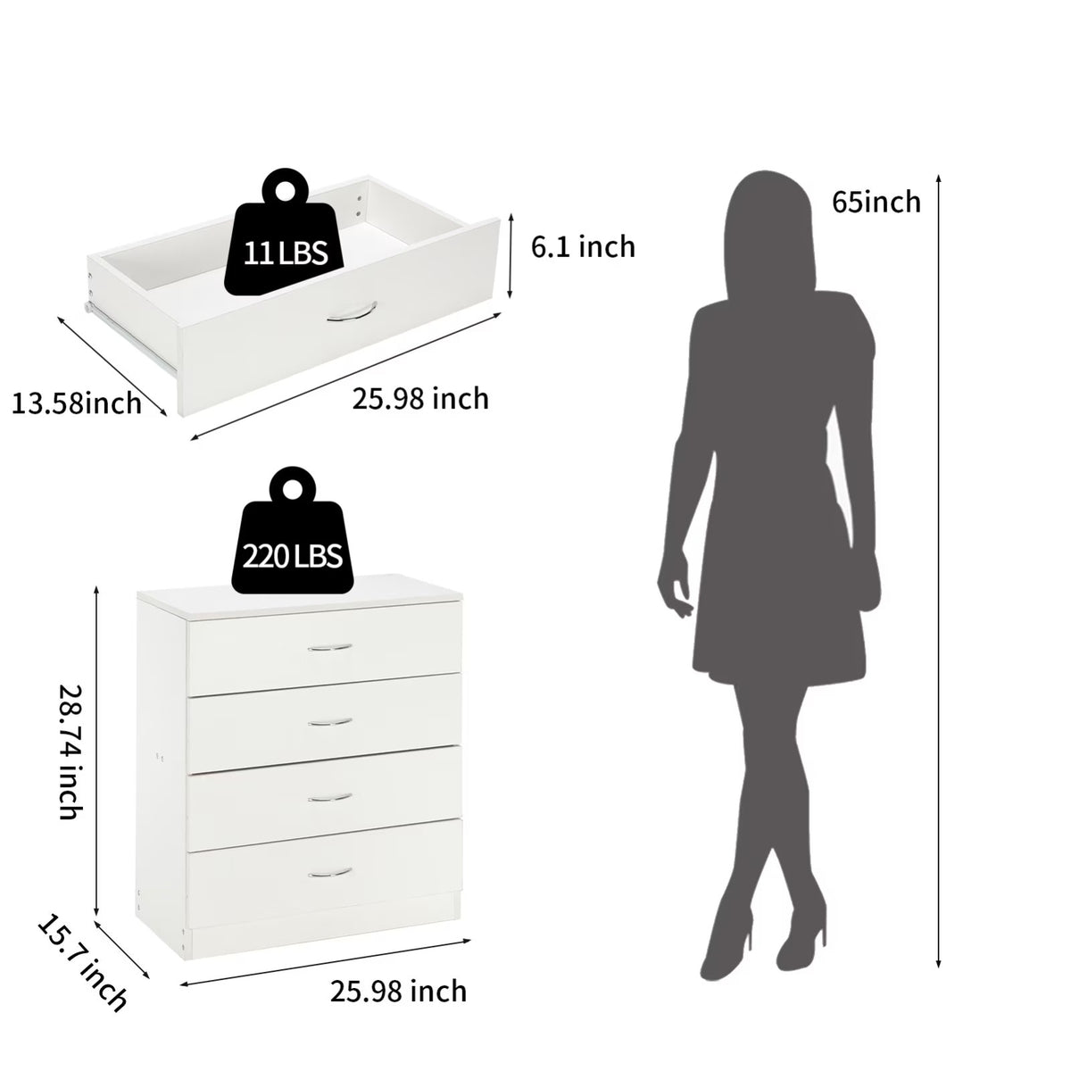 Storage Cabinet 4 Drawer Dresser Hallway Chest Organizer, White