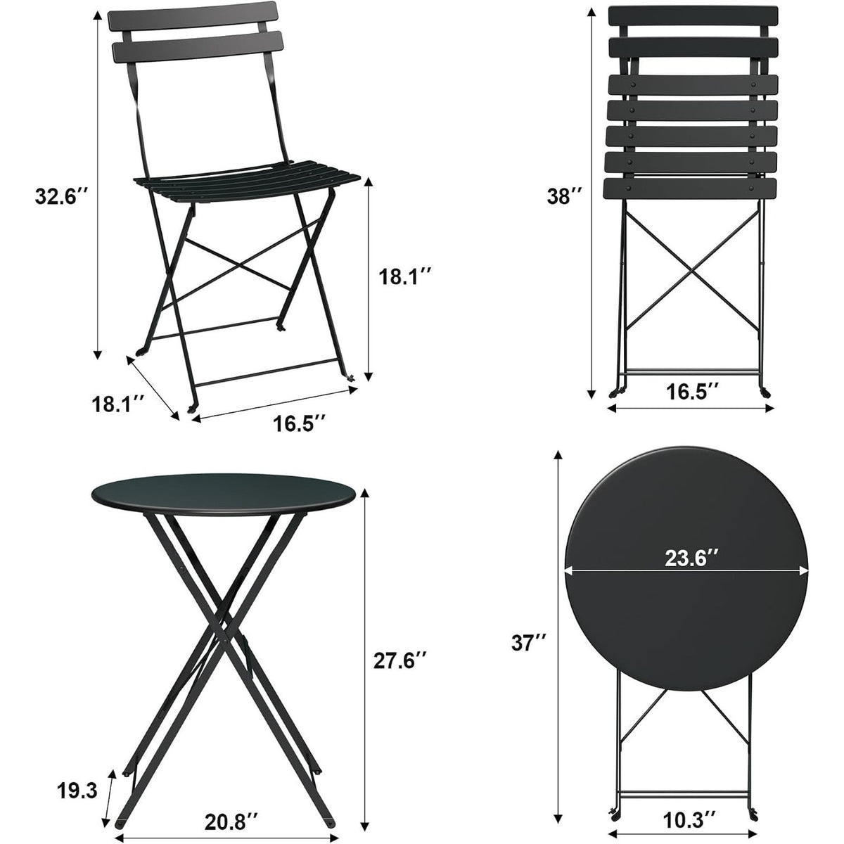 Outdoor Furniture Set 3-Pcs Folding Balcony Steel Frame Set-Black