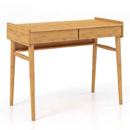 Bamboo Writing Desk W/2 Drawers & Open Shelf Study Writing Desk
