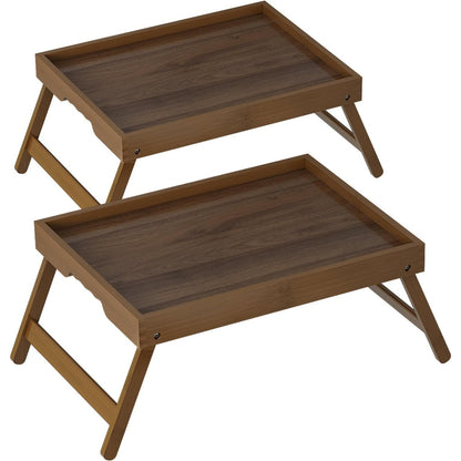 Bamboo Breakfast Tray Set of 2 Folding Legs Bed Sofa Tray, Walnut