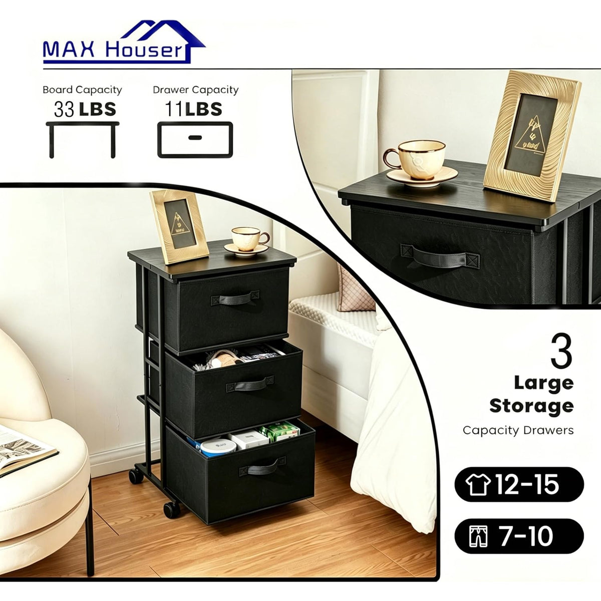 Dresser Storage 3-Drawer Modern Office Tower Cart, Black
