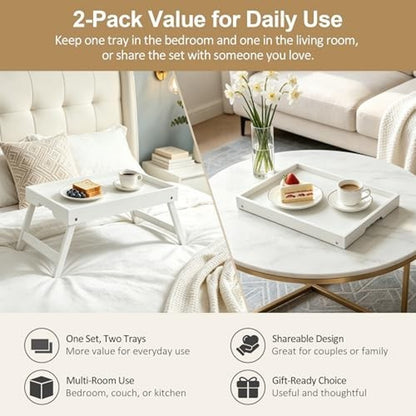 Bamboo Breakfast Tray Folding Legs Breakfast Set of 2 Tray, White