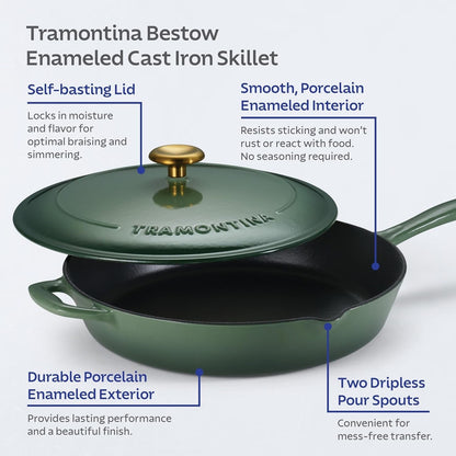 Tramontina Skillet 12" Enameled Cast Iron Pan W/Lid Gold Knob,