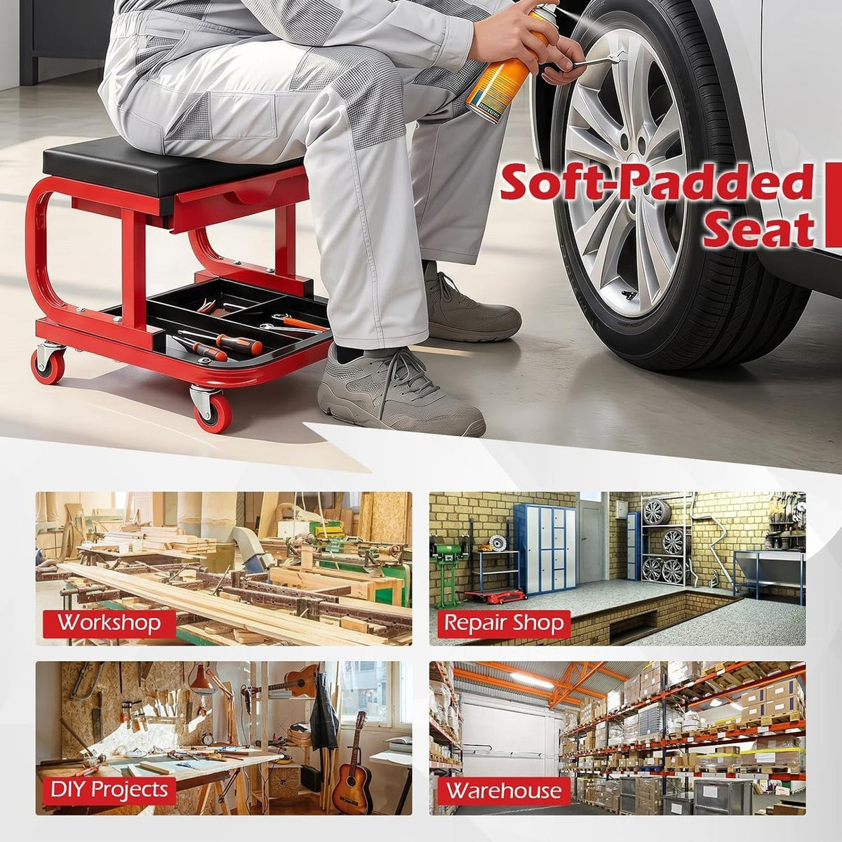 Rolling Mechanic Stool W/Magnetic Drawer & Tool Tray Creeper, Red