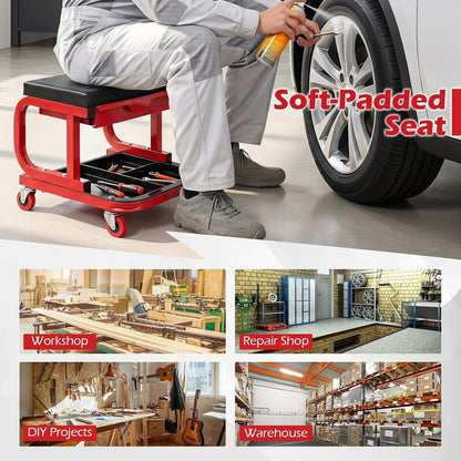 Rolling Mechanic Stool W/Magnetic Drawer & Tool Tray Creeper, Red
