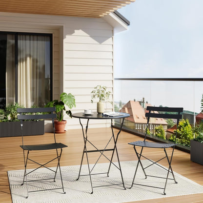 Outdoor Furniture Set 3-Pcs Folding Balcony Steel Frame Set-Black