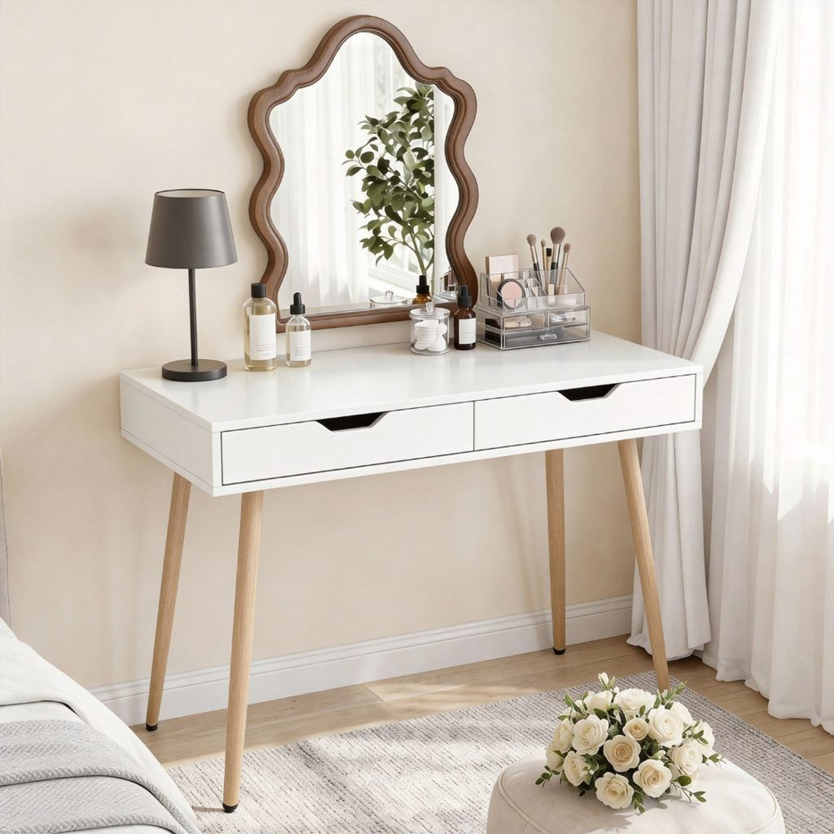 Modern White Writing Desk 2 Drawers Wood Legs 42.5" Home Office