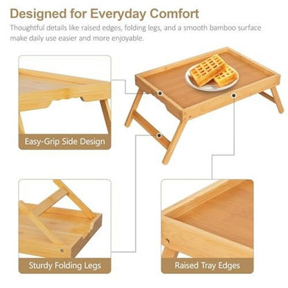 Bamboo Breakfast Tray Folding Breakfast Set of 2 Tray, Natural
