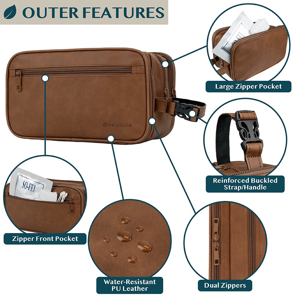 Leather Travel Bag Water-Resistant Clip-on Buckles Toiletry Bag
