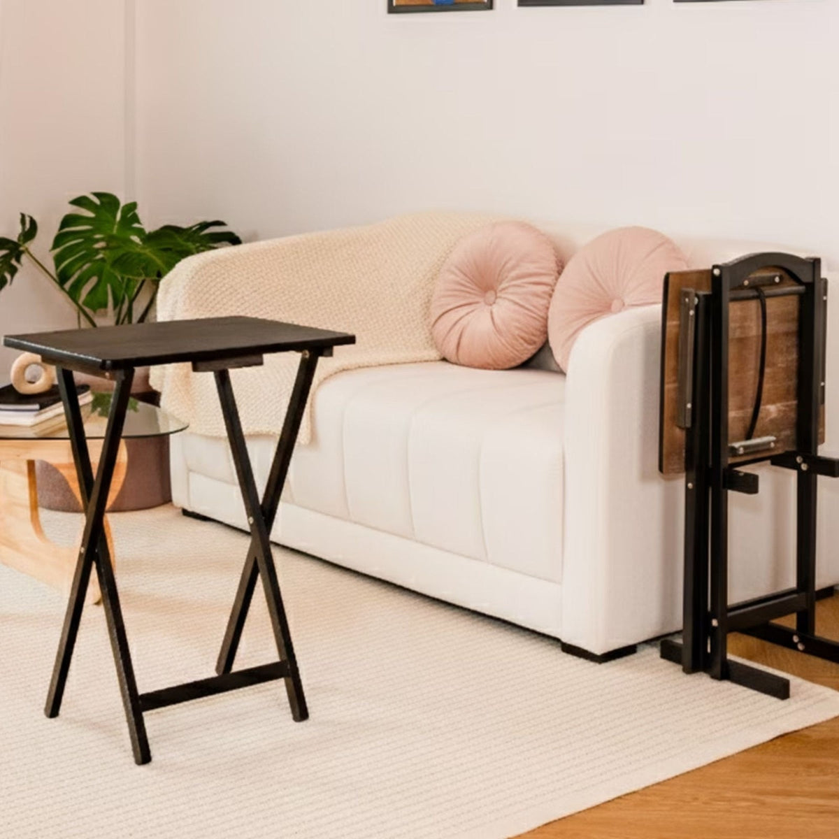 Folding Trays Storage Rack & 2 Tray Table 3-Piece Set, Black
