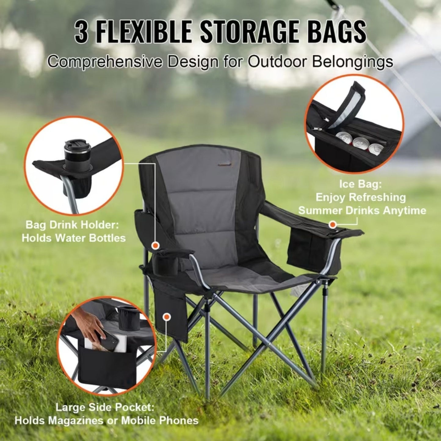 Camping Chair Padded Lumbar Support Cooler Bag Cup Holder, Black