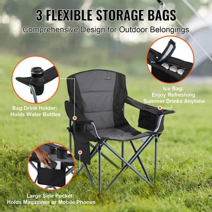 Camping Chair Padded Lumbar Support Cooler Bag Cup Holder, Black