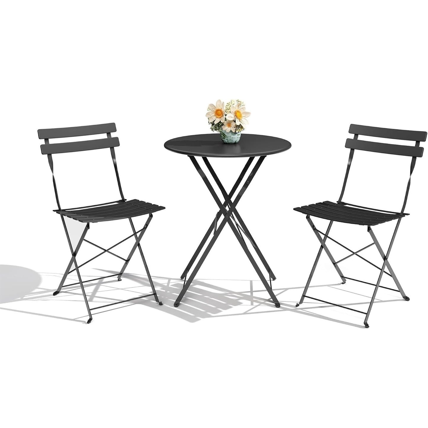 Outdoor Furniture Set 3-Pcs Folding Balcony Steel Frame Set-Black