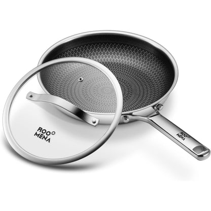 Hybrid Ceramic Pan Nonstick Skillet Tri-Ply Stainless w/Lid-12 in