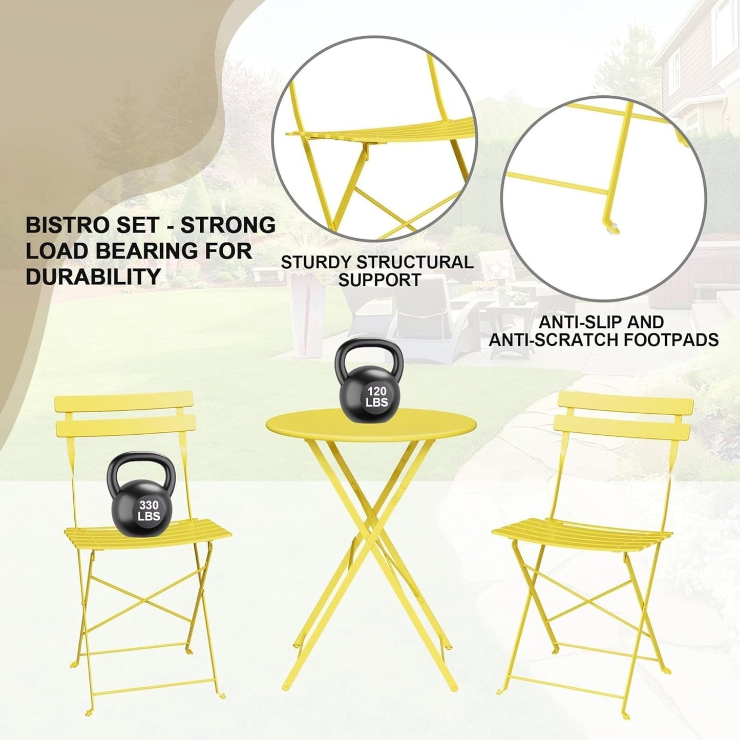 Bistro Set 3-Pcs Folding Garden Steel Frame Bistro Set, Yellow