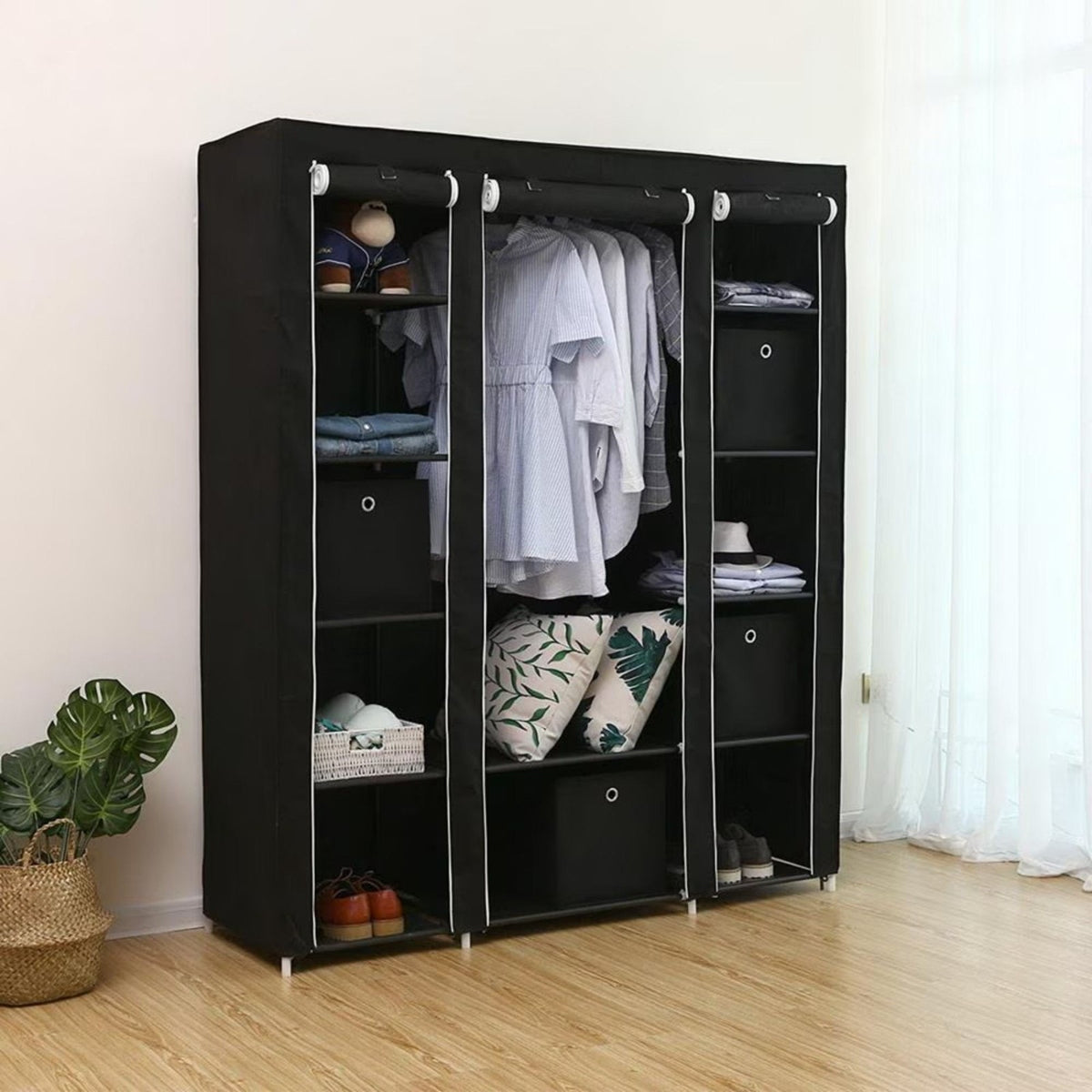 Portable Closet Wardrobe Rack Storage Organizer W/Shelves, Black