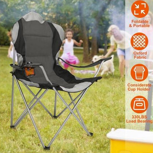 Foldable Camping Chair Padded Seat Arm Back W/Bag Chair, Grey