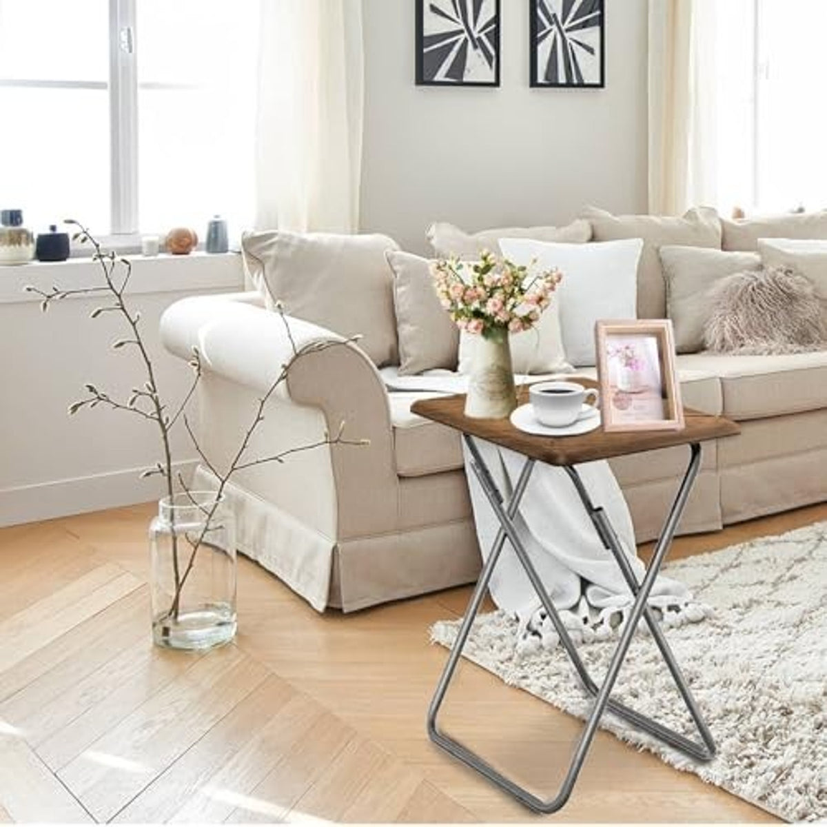 Folding TV Tray Table Metal Frame Foldable Side Table, Brown