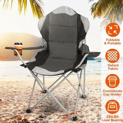 Foldable Camping Chair Padded Seat Arm Back W/Bag Chair, Grey