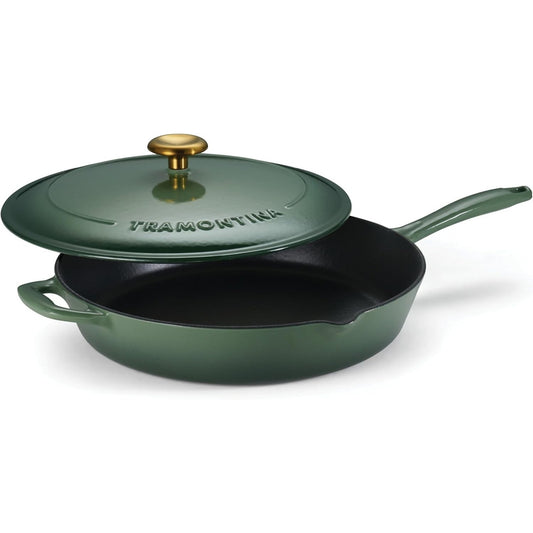 Tramontina Skillet 12" Enameled Cast Iron Pan W/Lid Gold Knob,