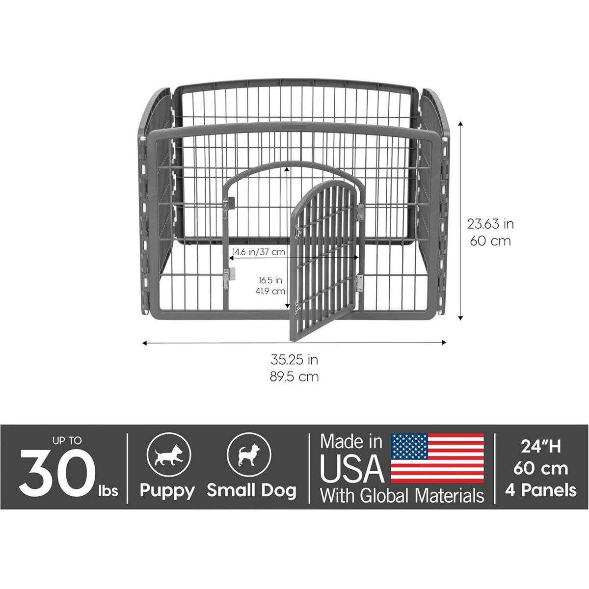 Pet Playpen Fence Enclosure Plastic 4-Panel W/Gate Door, Gray