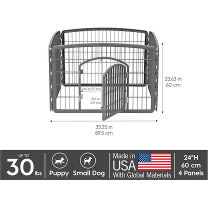 Pet Playpen Fence Enclosure Plastic 4-Panel W/Gate Door, Gray