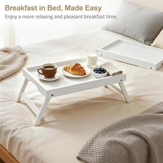 Bamboo Breakfast Tray Folding Legs Breakfast Set of 2 Tray, White