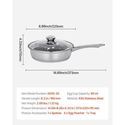 4-Cup Egg Poacher Pan Stainless Steel Nonstick Glass Lid Egg Cup