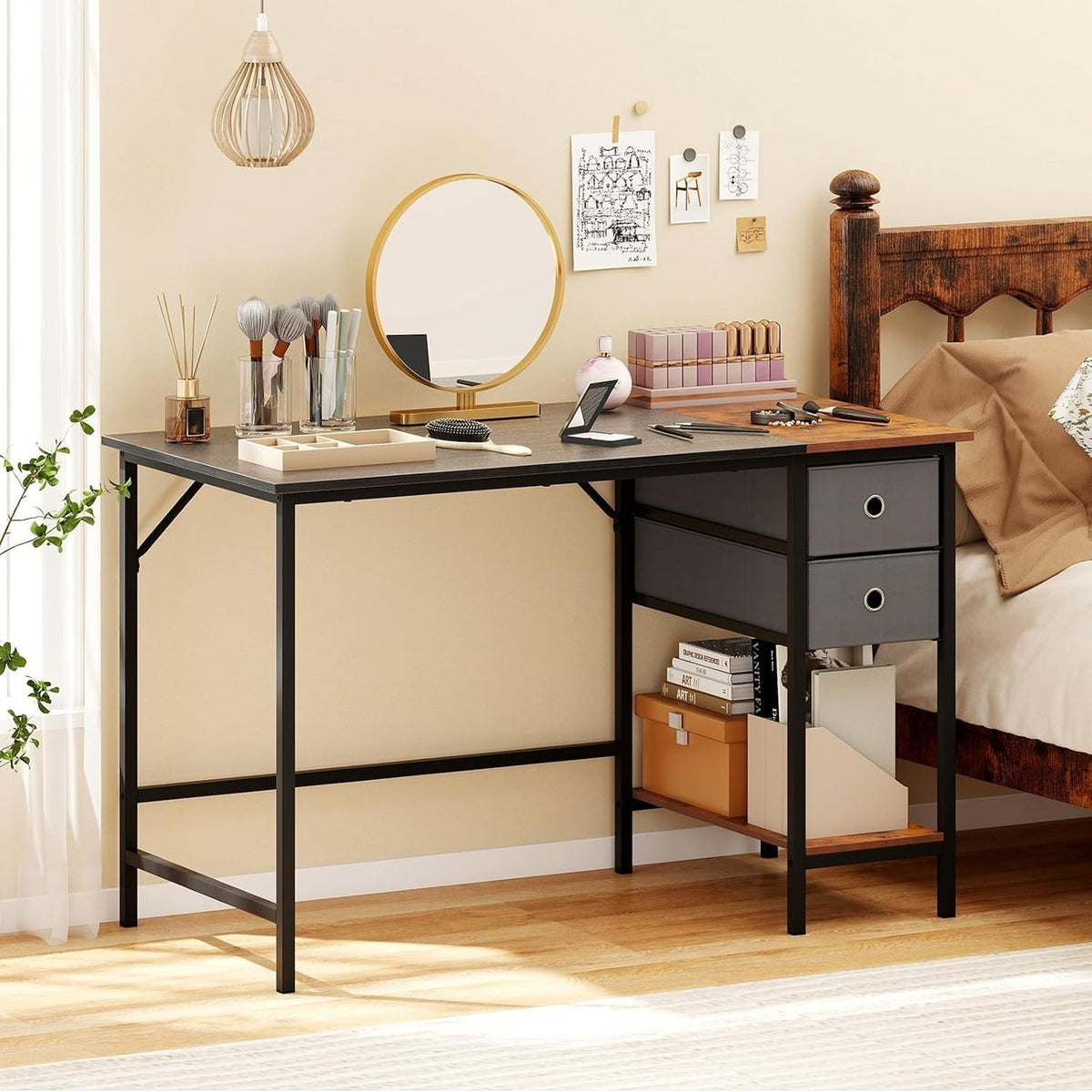 Computer Desk 2-Fabric Drawer Open Shelf 48"W Metal Frame Desk