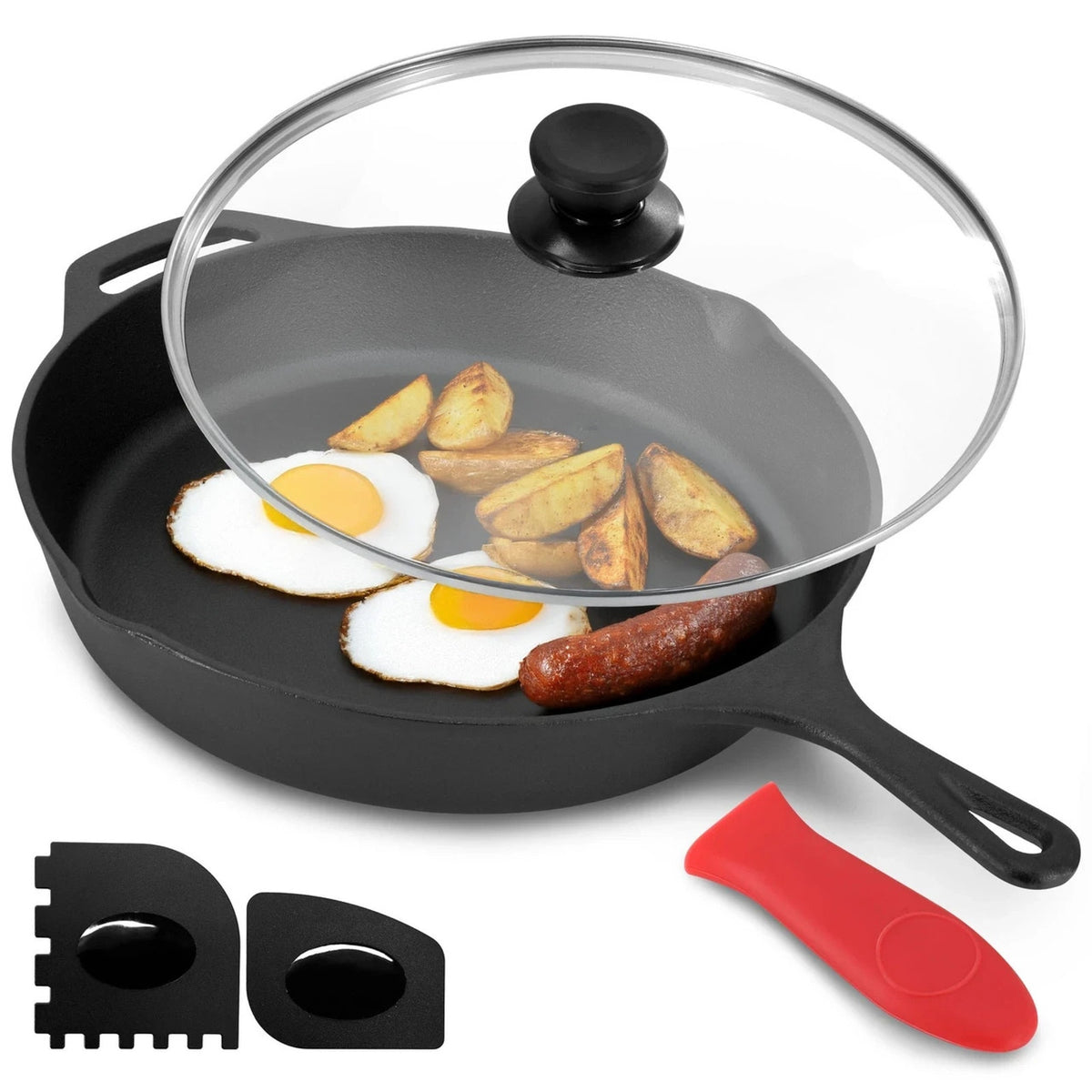 Cast Iron Skillet W/Lid Holder & Scrapers Pre-Seasoned 12" Pan