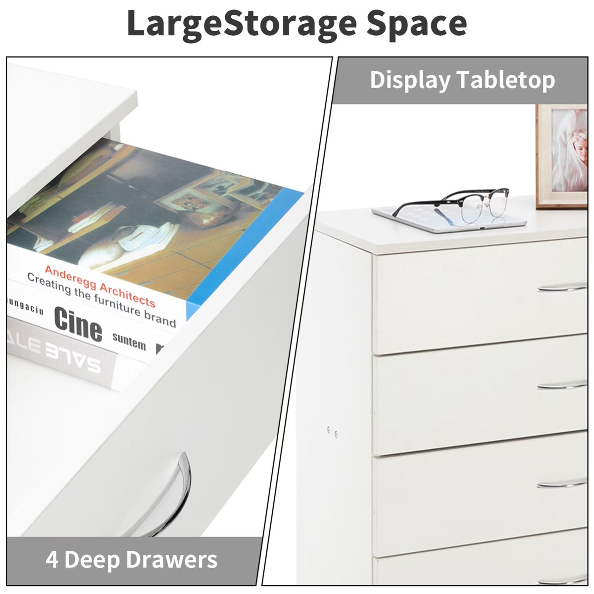 Storage Cabinet 4 Drawer Dresser Hallway Chest Organizer, White