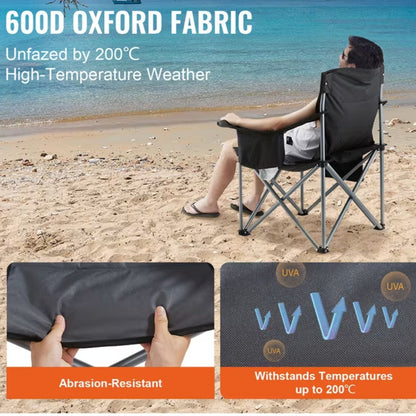 Camping Chair Padded Lumbar Support Cooler Bag Cup Holder, Black