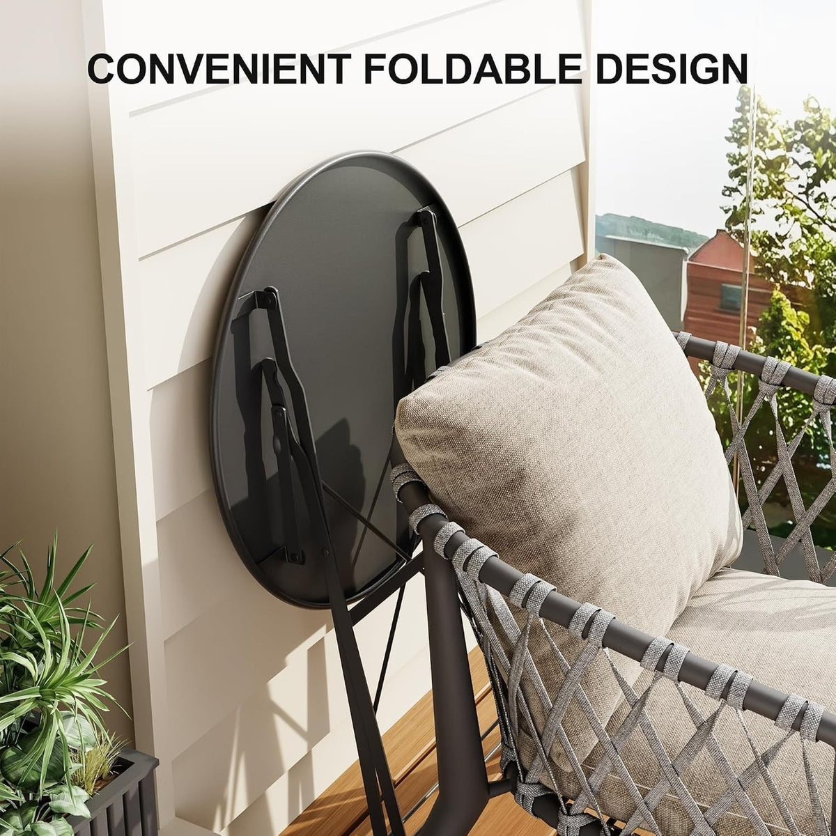 Outdoor Furniture Set 3-Pcs Folding Balcony Steel Frame Set-Black