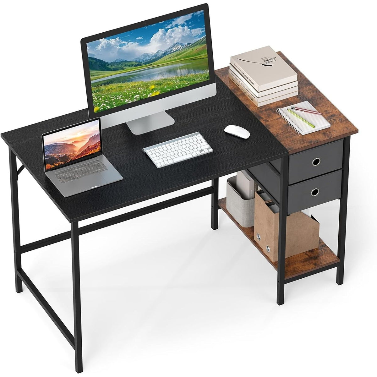 Computer Desk 2-Fabric Drawer Open Shelf 48"W Metal Frame Desk