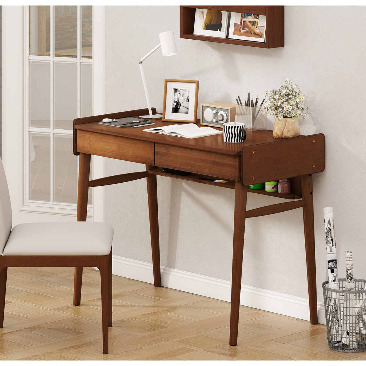 Bamboo Writing Desk W/2 Drawers & Open Shelf Study Desk, Walnut