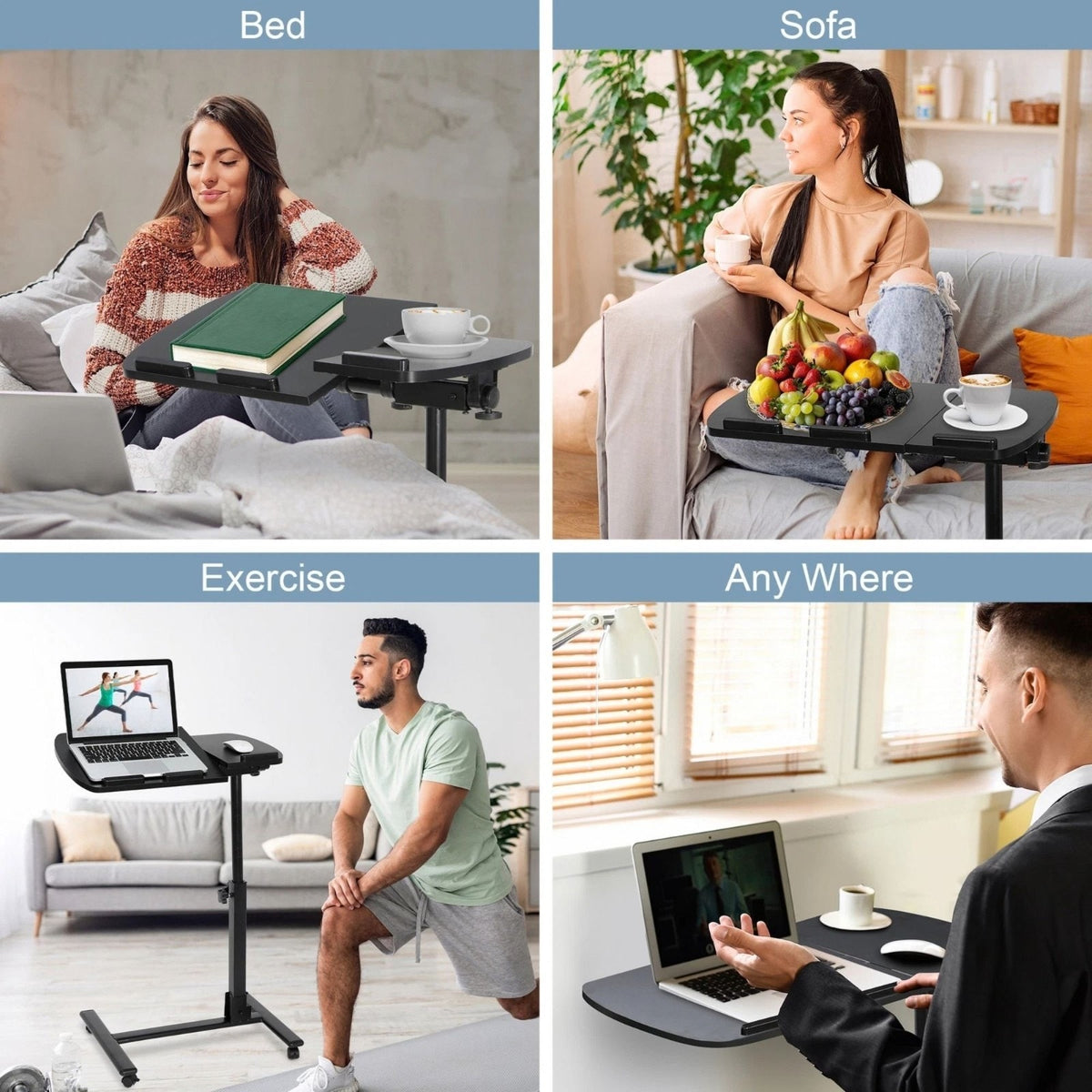 Rolling Desk Adjustable Height Laptop Desk W/Mousepad Desk, Black