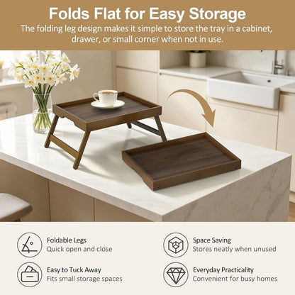 Bamboo Breakfast Tray Set of 2 Folding Legs Bed Sofa Tray, Walnut