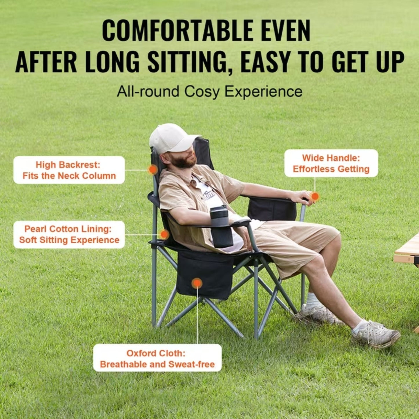 Camping Chair Padded Lumbar Support Cooler Bag Cup Holder, Black