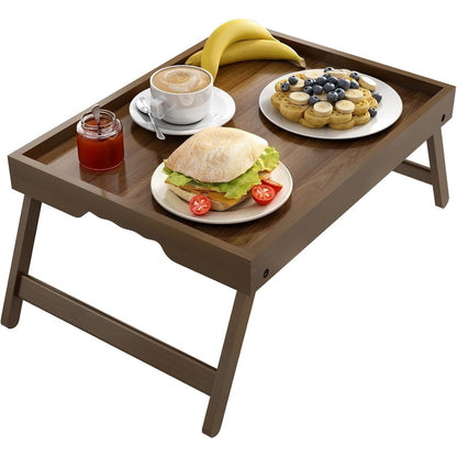Bamboo Large Tray Folding Legs Bed Breakfast Portable Tray, Brown