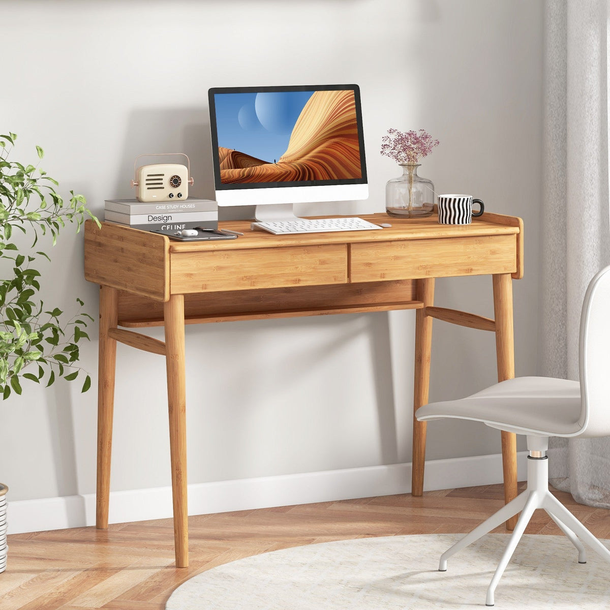 Bamboo Writing Desk W/2 Drawers & Open Shelf Study Writing Desk