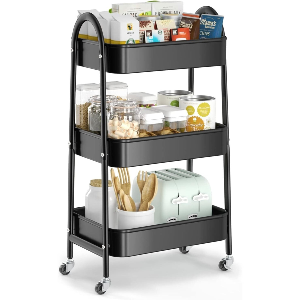 Utility Rolling Cart Metal Storage 3-Tier Trolley Cart, Black