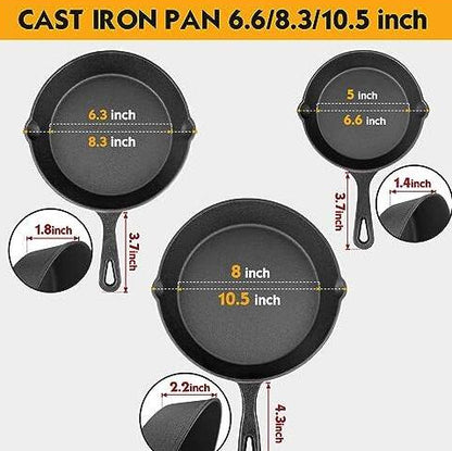 Pre-Seasoned 3-Piece Cast Iron Skillet Pan Set , 6", 8"& 10"