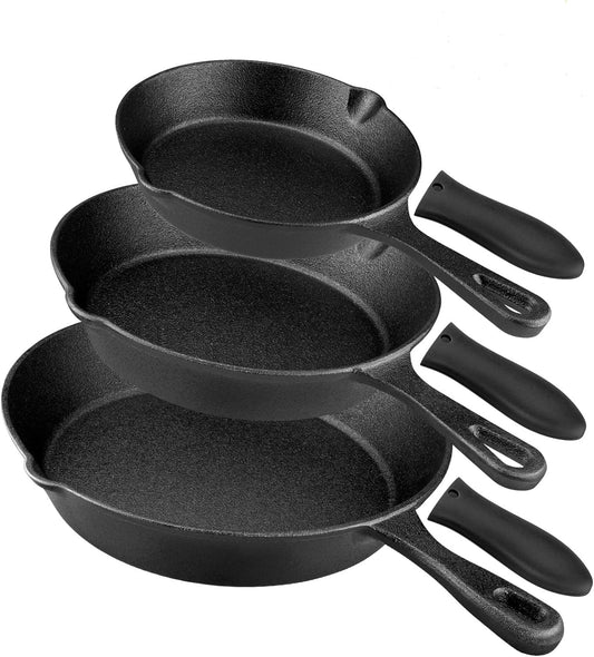 Pre-Seasoned Cast Iron Skillet Set (6, 8, 10 Inch) W/Handles