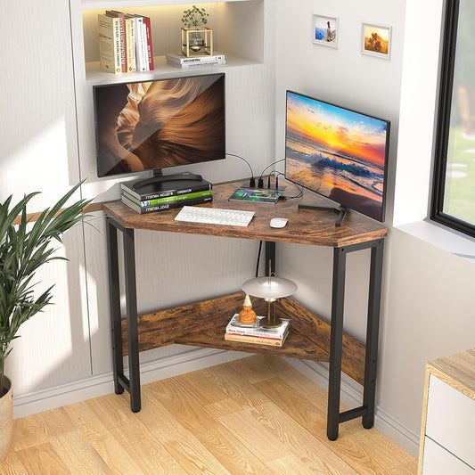 Corner Desk Small Space Computer W/USB & Outlets Triangle Desk