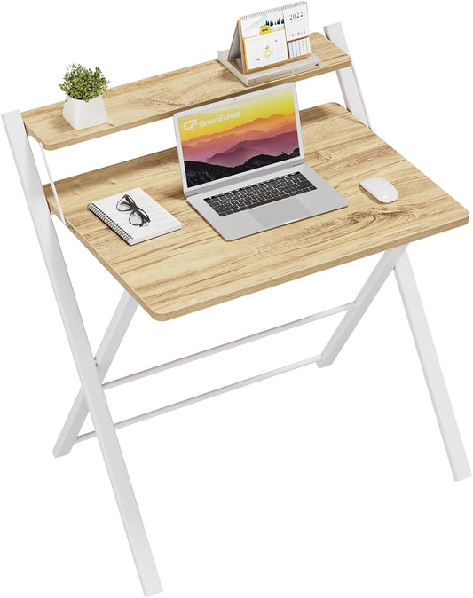 Folding Desk 2-Tier Foldable Small Spaces 27"W Home Office, Oak